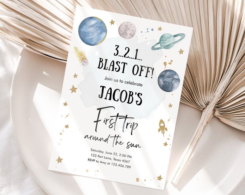 Editable Outer Space First Birthday Invitation Galaxy Blast Off First Trip Around the Sun Download Printable Template Digital