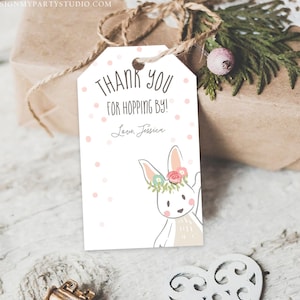 Editable Bunny Favor tags Birthday Thank you tag Hopping by Bunny Labels Bunny Balloon 1st Birthday Girl Pink Template Corjl PRINTABLE 0117