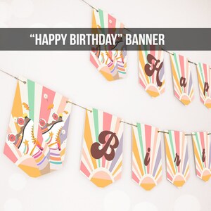 May include: A colorful "Happy Birthday" banner with a retro roller skate theme. The banner features a rainbow striped background with a sunburst design and the letters are in a brown retro font.