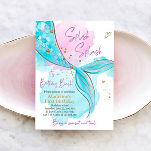 Editable Mermaid Birthday Party Invitation Girl Pink Aqua Blue Gold Mermaid Birthday Under The Sea Download Printable Template Corjl 0403