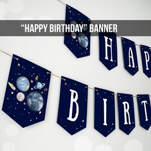 May include: A navy blue banner with white letters spelling "HAPPY BIRTHDAY" and a space-themed design featuring planets, stars, and a rocket ship.