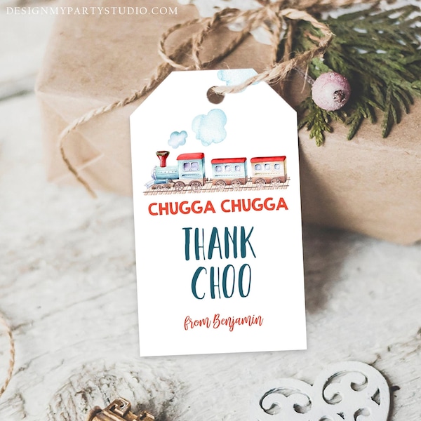 Editable Favor Tags Train Birthday Thank You Tags Vintage Train Party Chugga Choo Choo Thank Choo Red Blue Boy Template PRINTABLE Corjl 0149