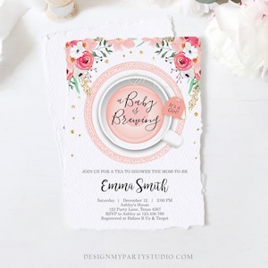 Editable a Baby is Brewing Invitation Girl Baby Shower Invite Pink and Gold Floral Tea Cup Flowers Instant Download Printable Template Corjl image 1