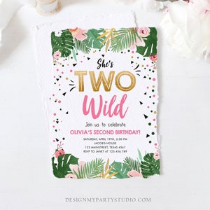 Editable Two Wild Birthday Invitation Girl Tropical Safari Pink Gold Jungle Second Birthday 2nd Download Corjl Template Printable 0332