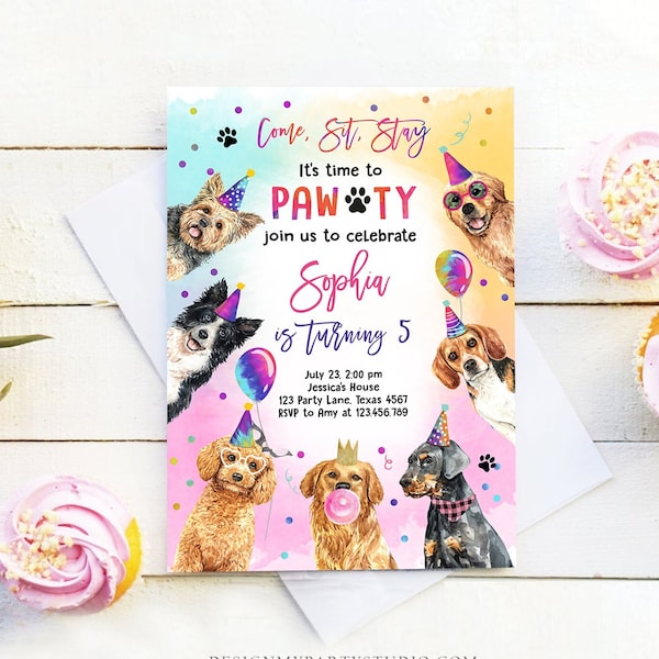 Editable Dog Birthday Party Invitation Puppy Birthday Invite Pink Girl Doggy Shelter Animal Pet Vet Download Printable Template Corjl 0460