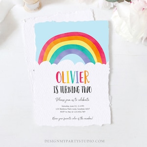 Editable Rainbow Birthday Invitation Boy Girl Neutral Clouds Blue Rainbow Fun Over the Rainbow Party Digital Corjl Template Printable 0272
