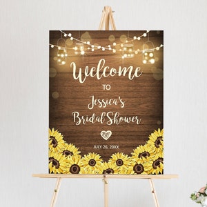 Bearbeitbares Sonnenblumen Willkommensschild Rustikales Holz Brautdusche Paare Dusche String Lichter Gläser Hochzeitsdusche Corjl Vorlage Printable 0015
