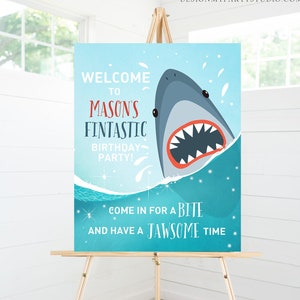 Editable Shark Welcome Sign Shark Birthday Sign Under The Sea Sharktastic Fintastic Jawsome Pool Party Boy Template Corjl PRINTABLE 0089