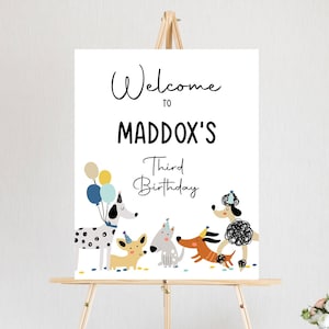 Placa de boas-vindas para festa de aniversário de cachorro editável, aniversário de cachorro, cachorro de estimação, modelo simples, moderno, aniversário, Pawty Boy, azul, Corjl, IMPRIMÍVEL 0429