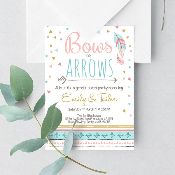 Editable Gender Reveal Invitation Bows or Arrows Tribal Boy or Girl He or She Blue or Pink Invitation Template Instant Download Corjl 0284