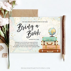 Editable Travel Bring a Book Card Baby Shower Books for Baby Adventure Awaits Journey Begins Suitcases Globe Corjl Template Printable 0263