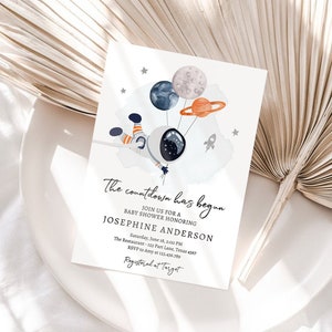 Editable Space Baby Shower Invitation Galaxy Outer Space It's a Boy Gold Planets Moon Countdown Invite Template Instant Download Corjl 0366