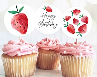 Strawberry Birthday Cupcake Toppers Favor Tags Girl First Birthday Party Decor Berry Sweet 1st Strawberries Digital Download Printable 0399