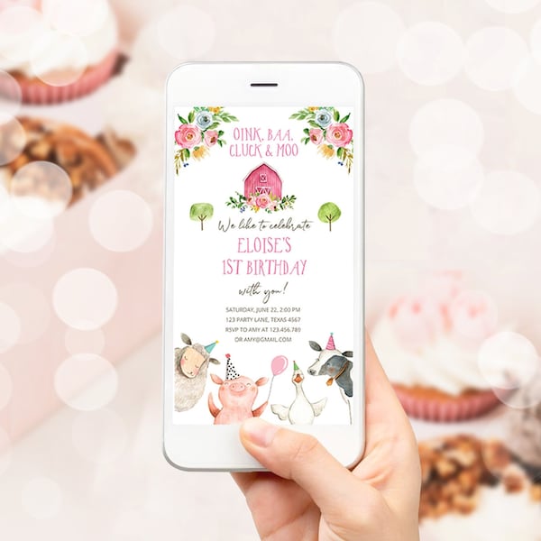 Editable Farm Birthday Evite Girl Farm Animals Pink Floral Barnyard Party Invitation Download Phone Invitation Template Digital Corjl 0155