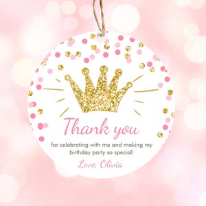 Editable Princess Favor Tags Birthday Thank You Tag Girl Pink Gold Royal Party Crown Little Miss Onederful Corjl Template Printable 0047