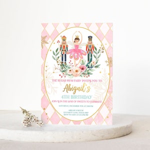 Editable Nutcracker Birthday Invitation Ballet Christmas Birthday Invite Pink Girl Sugar Plum Fairy Download Printable Template Corjl 0352