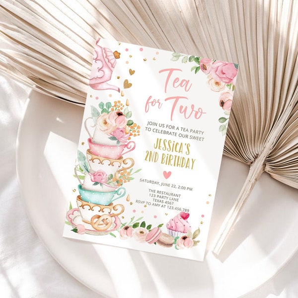 Editable Tea for Two Birthday Invitation Girl Tea Party Invite Pink Gold Floral Peach Pink Download Printable Template Corjl Digital 0349