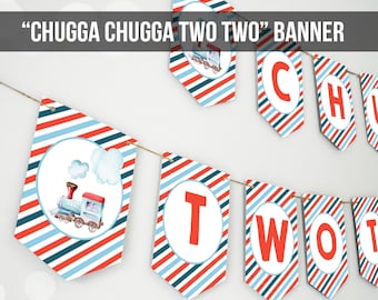 Train Birthday Banner Chugga Chugga Two Two Party Banner Birthday Boy Blue Red Train Decorations Instant Digital Download Printable 0149