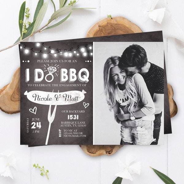 Editable I Do BBQ Engagement Party Invitation Couples Chalk String Lights Ring Barbecue Outdoor Bridal Shower Printable Corjl Template 0145