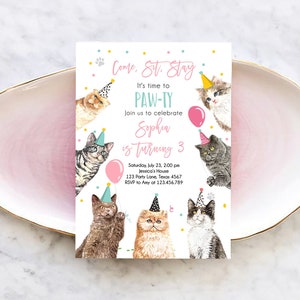 Editable Cat Birthday Party Invitation Kitten Birthday Invite Pink Girl Kitty Cat Invitation Pet Cute Download Printable Template Corjl 0384