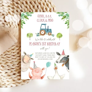 Editable Farm Birthday Invitation Boy Farm Animals Blue Tractor Barnyard Barn Birthday Party Animals Digital Corjl Template Printable 0155