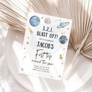 Editable Outer Space First Birthday Invitation Galaxy Blast Off First Trip Around the Sun Download Printable Template Digital Corjl 0357