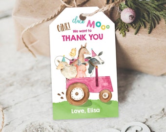 Editable Farm Favor Tags Tags Pink Farm Birthday Thank you tags Barnyard Gift Tags Pink Tractor Birthday Template PRINTABLE Corjl 0155