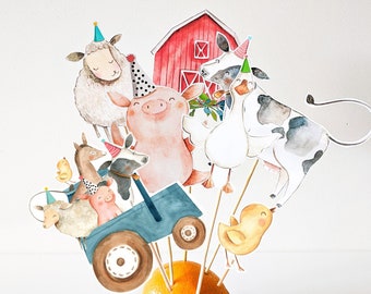 Printable Farm Centerpieces Farm Animals Birthday Party Farm Cake Topper Table Decor Blue Tractor Barnyard Party Decoration Boy Digital 0155