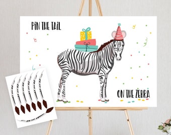 Editable Pin the Tail on the Zebra Birthday Game Safari Animals Party Animals Decor Wild One Instant Download Printable Digital Corjl 0142