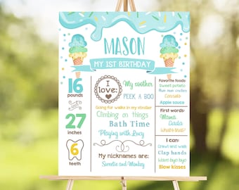 Editable Ice Cream Birthday Milestones Sign Boy First Birthday Sign 1st Sweet One Summer Poster Download Digital Template Printable 0243