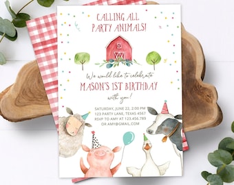 Editable Farm Animals Birthday Invitation Boy Farm Barnyard First Birthday Party Animals Confetti Download Corjl Template Printable 0155