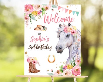 Editable Horse Birthday Welcome Sign Pony Birthday Welcome Sign Cowgirl Party Floral Girl Horse Party Download Template Corjl PRINTABLE 0408