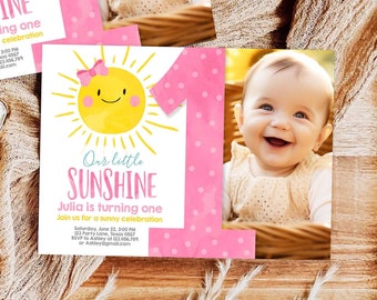 Bewerkbare onze kleine Sunshine verjaardagsuitnodiging Sunshine Party Pink Girl zomer eerste verjaardag Download afdrukbare Corjl-sjabloon 0141