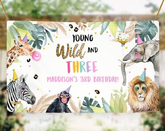 Editable Party Animals Young Wild and Three Backdrop Banner Safari Animals Girl Pink Third Birthday Welcome Corjl Template Printable 0417