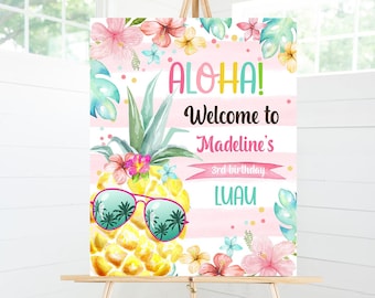 Bearbeitbares Ananas Willkommensschild Tropisch Hawaiian Luau Geburtstagsschild Mädchen Rosa Aloha Party Willkommensschild Vorlage Corjl PRINTABLE 0391