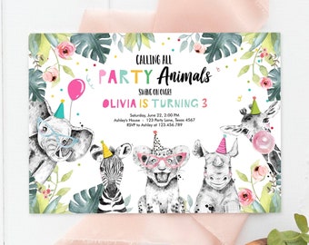 Invitation d'anniversaire modifiable de fêtards, Invitation animaux sauvages du zoo, modèle d'invitation imprimable pour fille à télécharger Corjl 0322