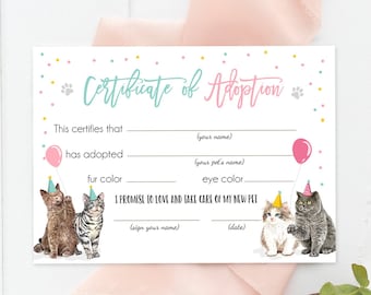 Pet Adoption Certificate Cat Adoption Cat Birthday Party Adopt A Cat Girl Pink Vet Kitten Adoption Instant Download Digital PRINTABLE 0384