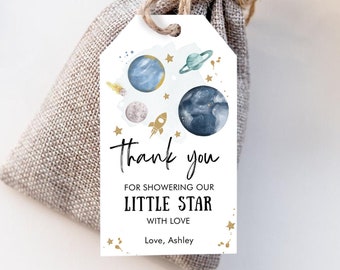 Bewerkbare kosmische gunsttags ruimte babyshower bedankje jongen kleine ster cadeau rond zon planeten Corjl-sjabloon downloaden AFDRUKBARE 0357