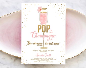 Editable Pop the Champagne Bridal Shower Invitation Shes Changing her Last Name Pink Engagement Party Download Evite Template Printable 0150