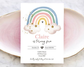 Editable Rainbow Birthday Invitation Pastel Rainbow Invite Girl Over The Rainbow Party  Modern Boho Printable Download Corjl Template 0387