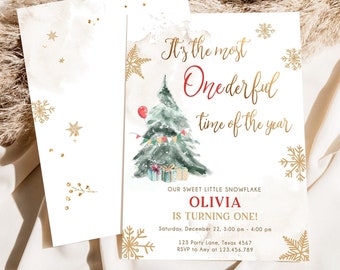 May include: A festive invitation with a watercolor Christmas tree, red balloon, and colorful bunting. The text reads "It's the most Onederful time of the year" and announces a first birthday party for Olivia.