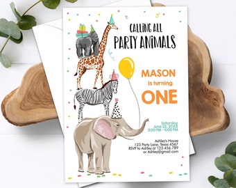 Editable Party Animals Birthday Invitation Wild One Animals Invitation Zoo Safari Animals Boy Instant Download Printable Corjl Template 0142