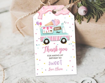 Editable Ice Cream Truck Favor Thank You Tags Ice Cream Birthday Party Girl Pink Purple Gift Goodie Bag Labels Corjl Template PRINTABLE 0243