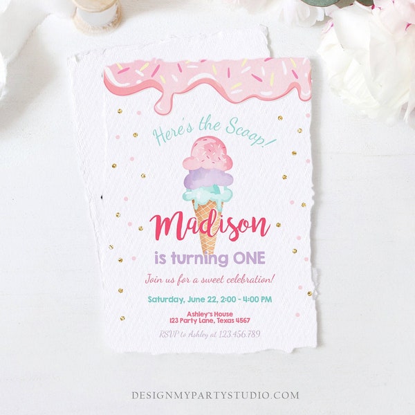 Editable Ice Cream Invitation ice Cream Cone Birthday Invite Ice Cream Social Girl Birthday Pink Gold Download Printable Template Corjl 0243