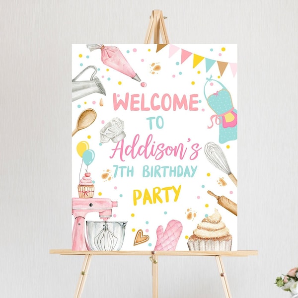 Editable Baking Birthday Party Welcome Sign Cooking Birthday Welcome Pink Girl Little Chef Cupcake Decorating Template PRINTABLE Corjl 0364