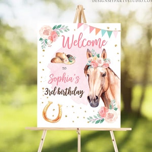 Editable Horse Birthday Welcome Sign Pony Birthday Welcome Sign Cowgirl Party Floral Girl Horse Party Download Template Corjl PRINTABLE 0398