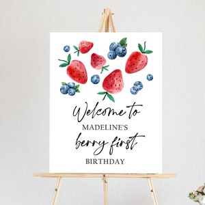 Bewerkbare bes eerste verjaardag welkomstbord aardbei bosbes partij welkom boerenmarkt meisje aquarel sjabloon AFDRUKBARE Corjl 0399