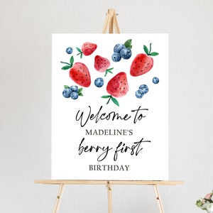 Editable Berry First Birthday Welcome Sign Strawberry Blueberry Party Welcome Farmers Market Girl Watercolor Template PRINTABLE Corjl 0399