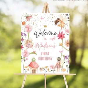 Cartello di benvenuto per compleanno delle fate modificabile Cartello per giardino delle fate Cartello di benvenuto stravagante Foresta incantata Modello rosa per ragazza di compleanno STAMPABILE Corjl 0406