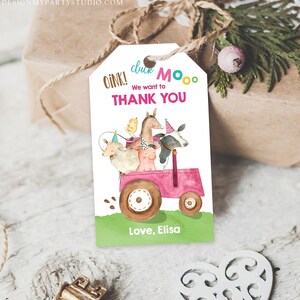 Editable Farm Favor Tags Tags Pink Farm Birthday Thank you tags Barnyard Gift Tags Pink Tractor Birthday Template PRINTABLE Corjl 0155 image 1